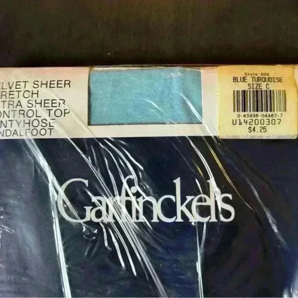 VTG 80's Garfinckel's Blue‎ Turquoise Velvet Sheer Control Top Pantyhose Size C